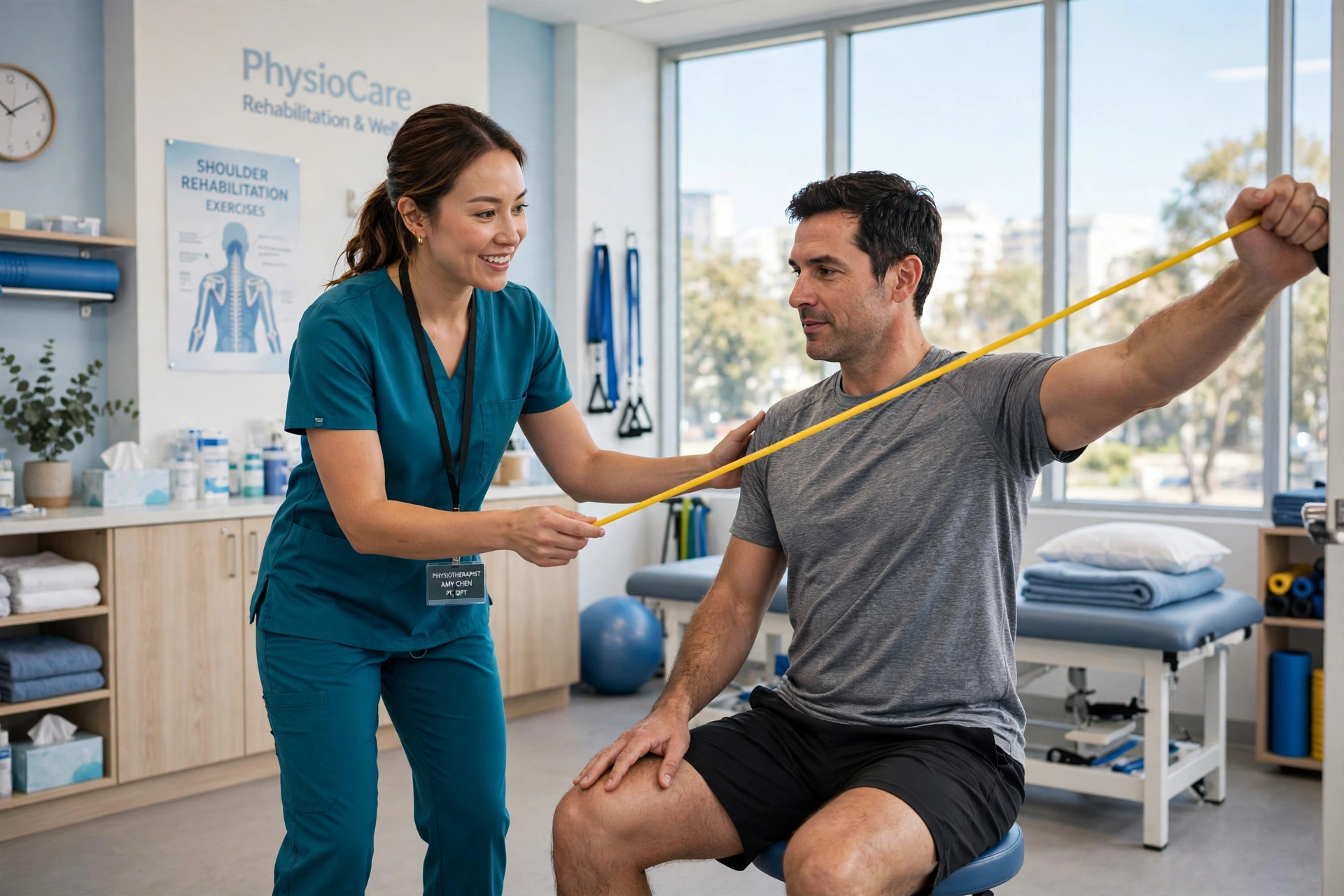 Physiotherapist guiding a patient through shoulder rehabilitation at Alnoor Clinic